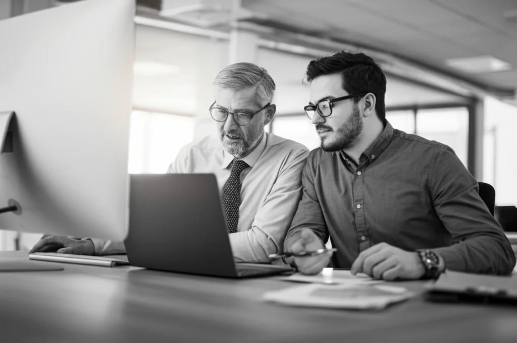 Ritratto fotografico realistico, un employment specialist (uomo, mezza età, aspetto empatico) siede accanto a un giovane adulto (cliente) in un ufficio informale, guardando insieme un computer portatile. Obiettivo 50mm, luce morbida, bianco e nero con leggero contrasto, espressioni di speranza e concentrazione.