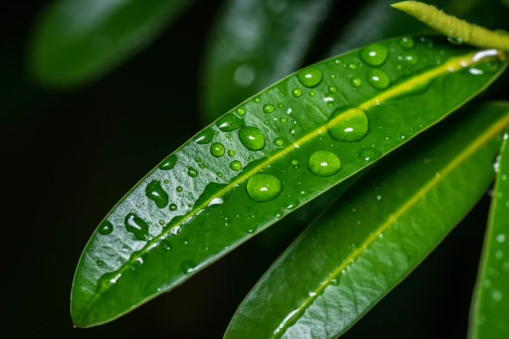 Primo piano di foglie verdi lanceolate di Mimusops caffra bagnate di rugiada mattutina, obiettivo macro 105mm, alta definizione, messa a fuoco precisa sulle goccioline d'acqua, illuminazione naturale soffusa.