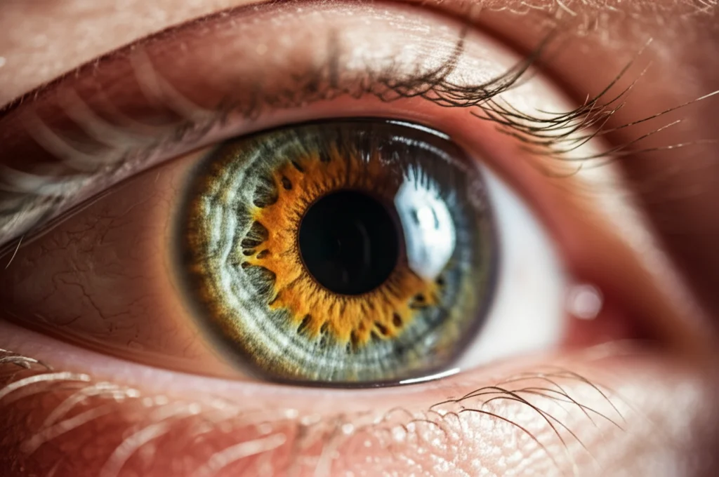 Primo piano estremo di un occhio umano che mostra la cornea trasparente e l'iride colorata. Una luce laterale evidenzia la curvatura e la texture della superficie oculare. Macro lens, 100mm, high detail, precise focusing, controlled lighting.