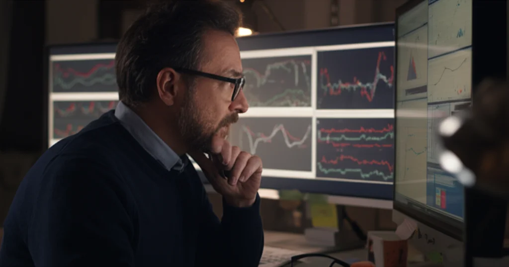 Ritratto di un analista finanziario concentrato che osserva grafici su più monitor in un ufficio moderno ma con un tocco vintage (anni '90?). Luce soffusa, profondità di campo ridotta per focalizzare sul volto pensieroso. Obiettivo 50mm prime, stile film noir leggero.