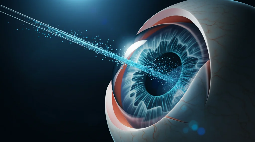 Visualizzazione 3D astratta che mostra il flusso di particelle blu (umor acqueo) all'interno di una struttura simile a un occhio, con un piccolo tubo (GDD) che devia parte del flusso. Sfondo scuro, illuminazione drammatica. Wide-angle lens, 15mm, sharp focus.