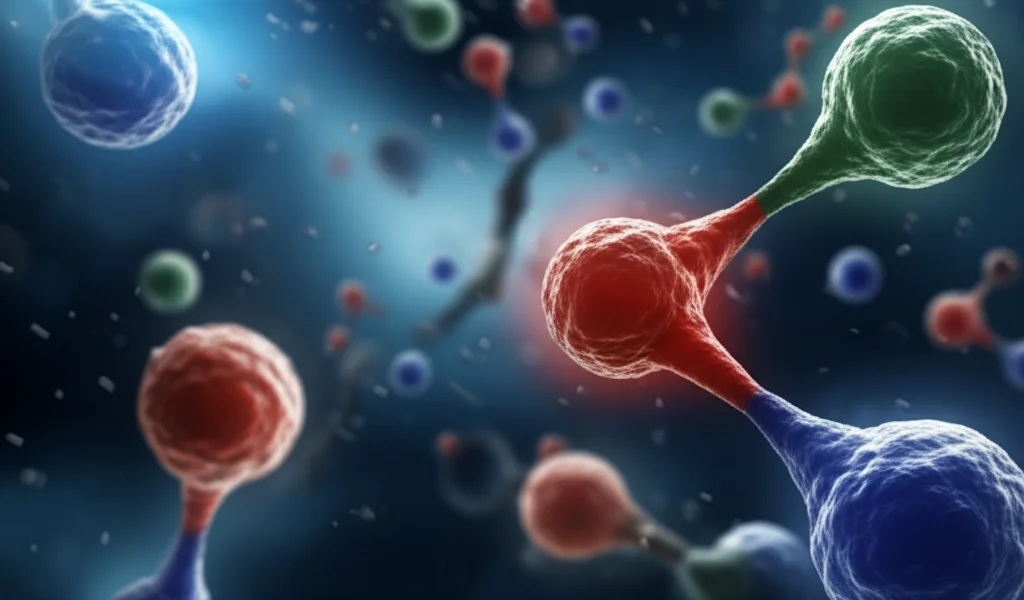 Visualizzazione astratta di molecole antiossidanti (sfere colorate) che neutralizzano radicali liberi (forme appuntite e scure) su uno sfondo blu high-tech, illuminazione dinamica, stile grafico scientifico.