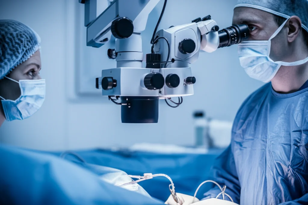 Un chirurgo oftalmologo guarda attraverso le lenti di un microscopio operatorio durante un intervento chirurgico all'occhio. Luce intensa focalizzata sul campo operatorio, strumenti microchirurgici visibili. Prime lens, 50mm, depth of field, atmosfera concentrata e sterile, duotone blu e argento.