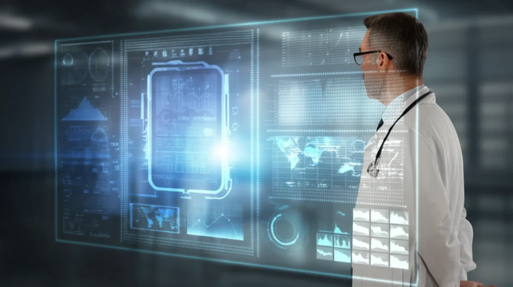 Fotografia ritratto, obiettivo 50mm, profondità di campo, un medico in camice bianco osserva pensieroso visualizzazioni di dati luminosi sulle tendenze del consumo di antibiotici su uno schermo futuristico, riflettendo sui modelli prescrittivi.