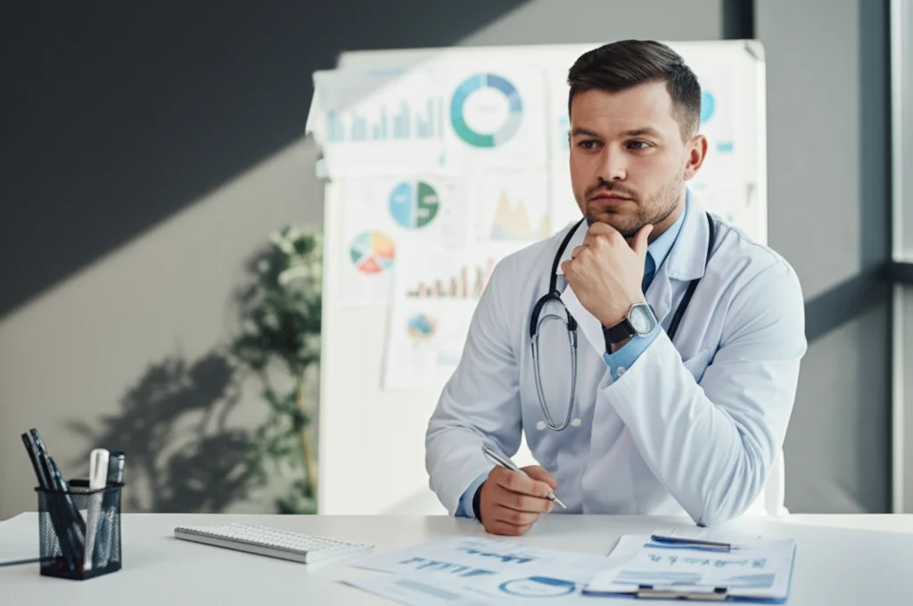 Primo piano di un dietista danese pensieroso seduto alla scrivania in uno studio moderno, con grafici di perdita di peso sfocati sullo sfondo. Luce naturale laterale da una finestra, obiettivo 35mm, profondità di campo ridotta per focalizzare sul volto riflessivo.