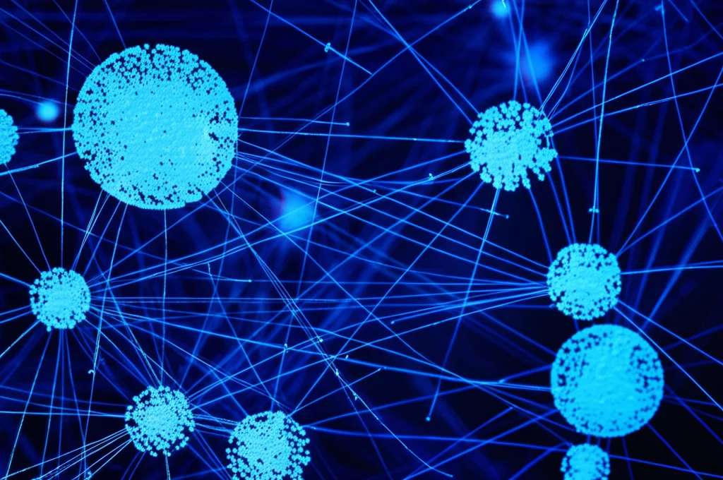 Paesaggio grandangolare, obiettivo 15mm, che mostra un complesso grafico a rete interconnesso luminoso con punti dati che rappresentano le prescrizioni di antibiotici, con alcuni nodi più grandi (più prescritti) e più connessi, messa a fuoco nitida, simboleggiando le interdipendenze del consumo.