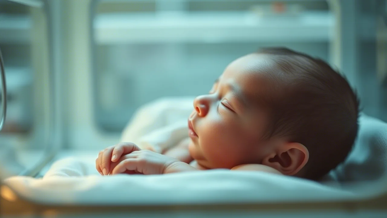 Ritratto delicato di un neonato di basso peso alla nascita in un'incubatrice ospedaliera, luce soffusa, profondità di campo ridotta, obiettivo da 50mm, che evoca vulnerabilità e cure mediche necessarie.