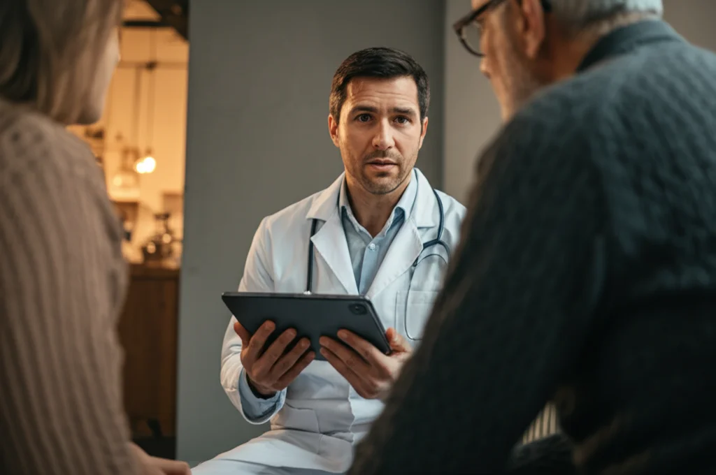 Un dietista e un paziente seduti uno di fronte all'altro in un ambiente accogliente, discutono un piano alimentare personalizzato su un tablet. Luce calda e morbida, obiettivo 50mm, focus sull'interazione empatica.