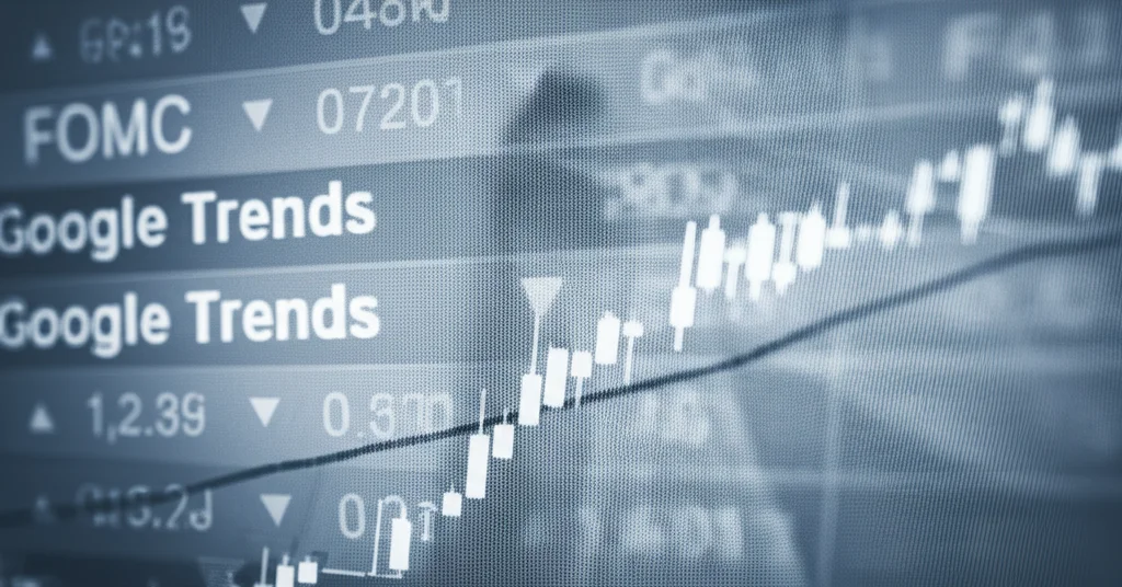 Primo piano di un grafico finanziario complesso su uno schermo digitale, con linee di tendenza sovrapposte a dati testuali sfocati sullo sfondo rappresentanti le diverse fonti di dati (prezzi, FOMC, Google Trends). Obiettivo prime, 35mm, profondità di campo ridotta per enfatizzare il grafico, tonalità duotone blu e grigio.