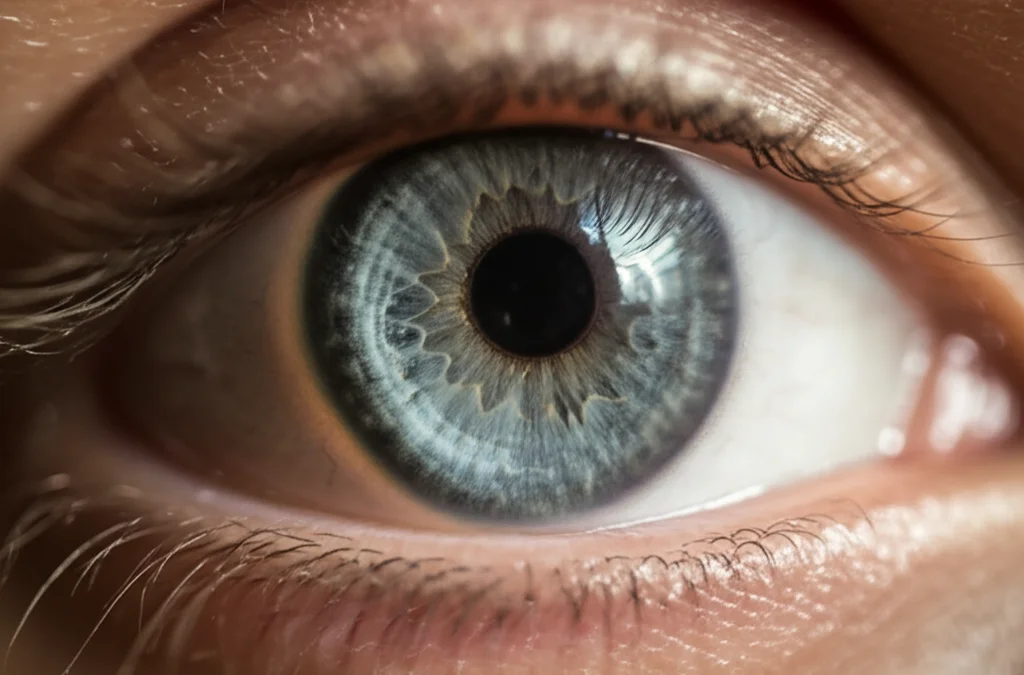 Primo piano macro di un occhio umano con iride azzurra chiara, messa a fuoco precisa sui dettagli intricati dell'iride, illuminazione controllata per evidenziare la texture. Obiettivo macro 90mm, alta definizione.