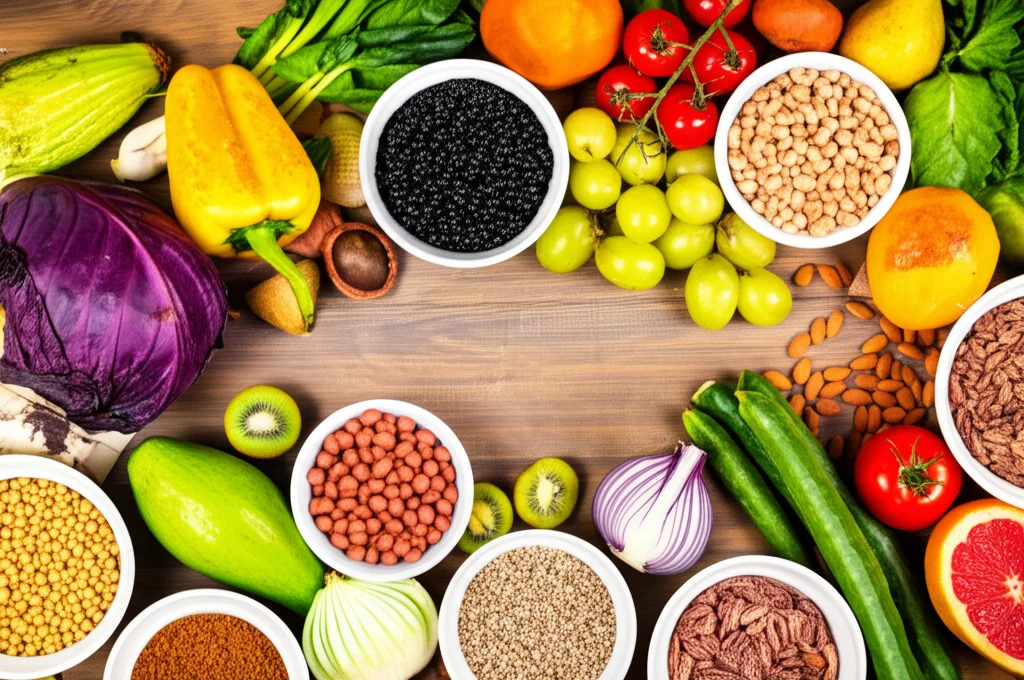 Una selezione colorata di frutta, verdura e alimenti integrali disposti artisticamente su un tavolo di legno rustico, simbolo di un'alimentazione equilibrata e sostenibile. Obiettivo macro 100mm, alta definizione, illuminazione controllata per esaltare texture e colori.