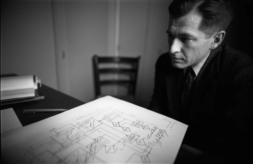 Fotografia in bianco e nero, una persona seduta a una scrivania guarda pensierosa un complesso diagramma di flusso logico su un foglio, con alcune frecce cancellate e altre evidenziate, profondità di campo ridotta, obiettivo prime 35mm, stile film noir.