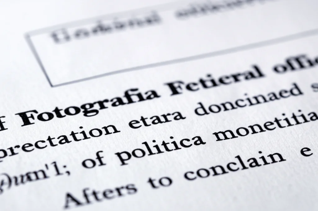 Fotografia macro di un documento ufficiale della Federal Reserve (FOMC) con evidenziate parole chiave relative alla politica monetaria. Lente macro 100mm, alta definizione, illuminazione controllata per enfatizzare la texture della carta e il testo.