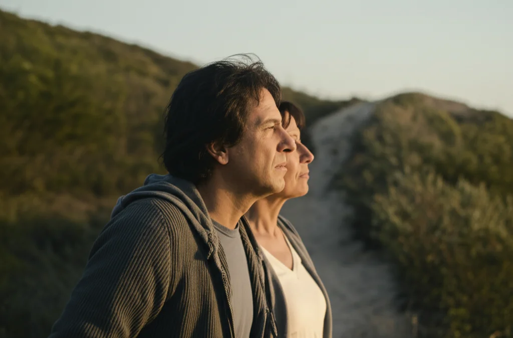 Portrait photography, un uomo e una donna di mezza età (circa 50 anni) dall'aspetto sano e riflessivo, guardano verso l'orizzonte in un ambiente naturale con luce soffusa, obiettivo 35mm, profondità di campo che sfoca leggermente lo sfondo, stile duotone seppia e blu.