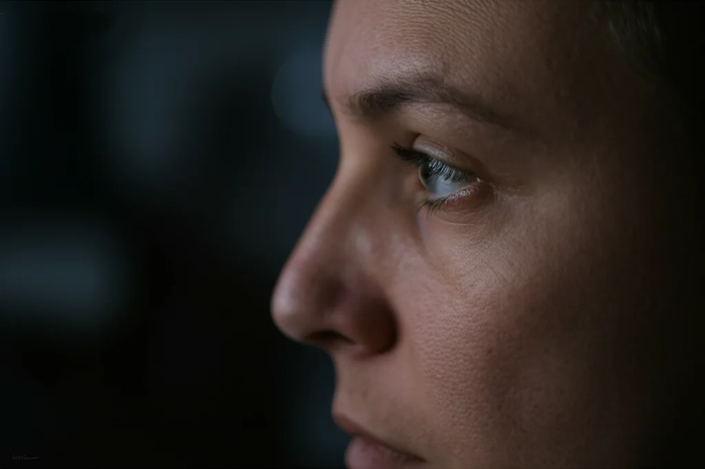 Ritratto fotografico di profilo di una persona pensierosa che guarda lontano, luce soffusa laterale che illumina parzialmente il viso e l'occhio, creando un'atmosfera introspettiva. Obiettivo 50mm, profondità di campo ridotta, toni duo grigio e blu.