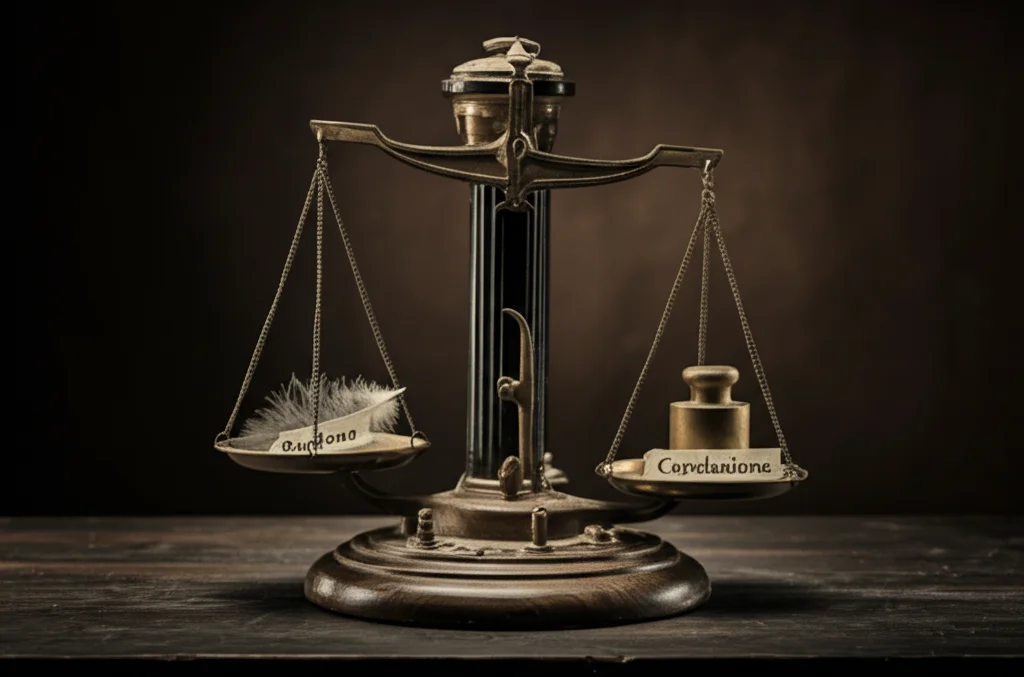 Fotografia still life, una bilancia antica perfettamente equilibrata su un tavolo di legno scuro, su un piatto una piuma etichettata 'Ragione', sull'altro un piccolo peso etichettato 'Conclusione', illuminazione laterale controllata, obiettivo macro 60mm, alta definizione dei dettagli.