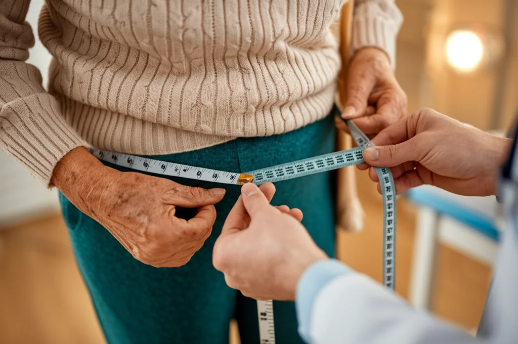 Macro lens photography, 80mm, messa a fuoco precisa sulla mano di un medico che misura con un metro a nastro la circonferenza vita di una persona anziana (75+ anni), ambiente clinico ma con illuminazione calda e controllata, alto dettaglio sul metro e sulla texture della pelle.