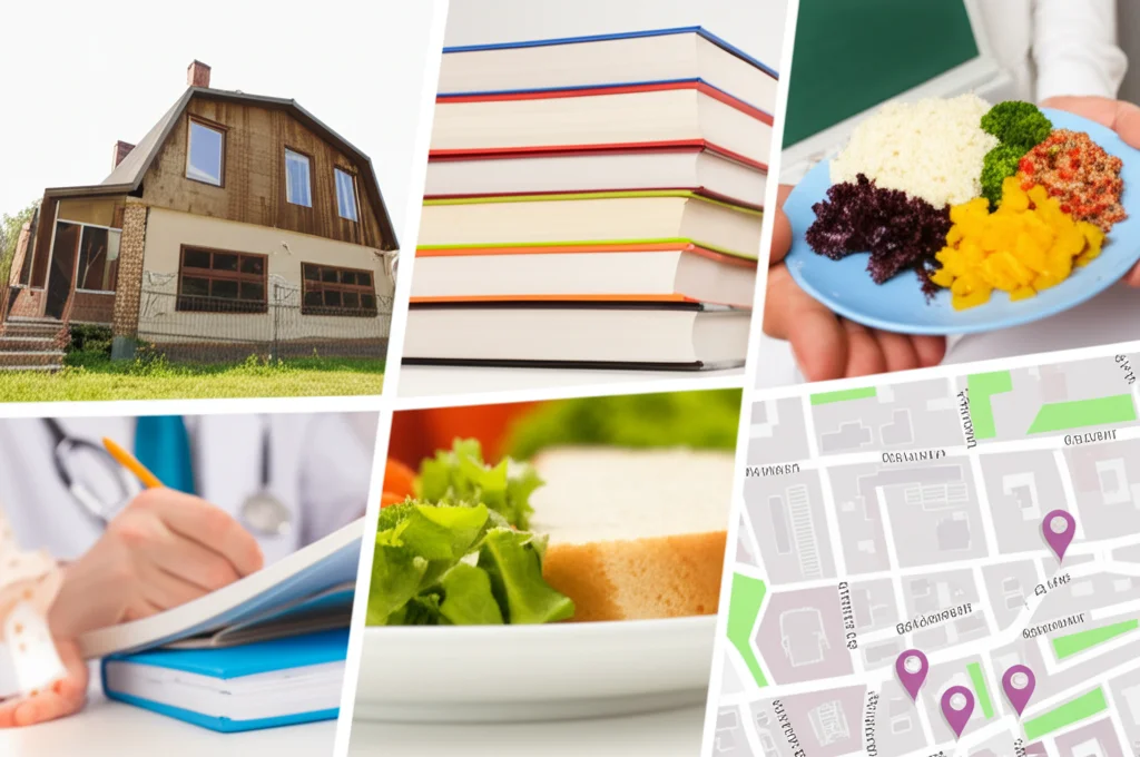 Un collage di immagini che rappresentano i determinanti sociali della salute: una casa modesta, libri scolastici, un piatto di cibo sano accanto a uno meno sano, una persona al lavoro e una mappa di un quartiere. Macro lens, 80mm, high detail, controlled lighting.