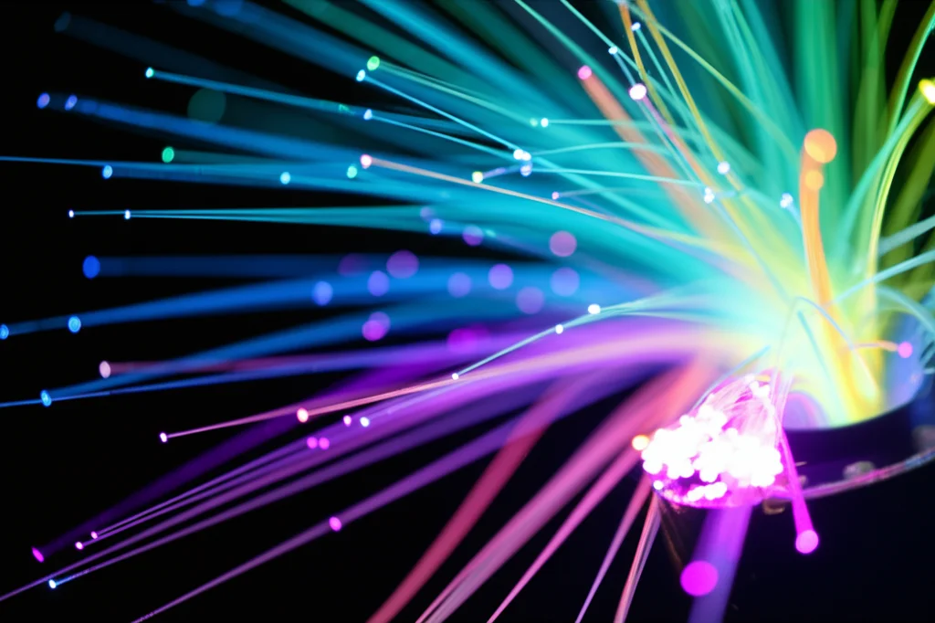 Foto macro con lente da 85mm di intricate fibre ottiche multicolore debolmente luminose, a simboleggiare la complessità dei dati chimerici della spettrometria di massa proteomica. Illuminazione controllata, alta definizione, messa a fuoco precisa.