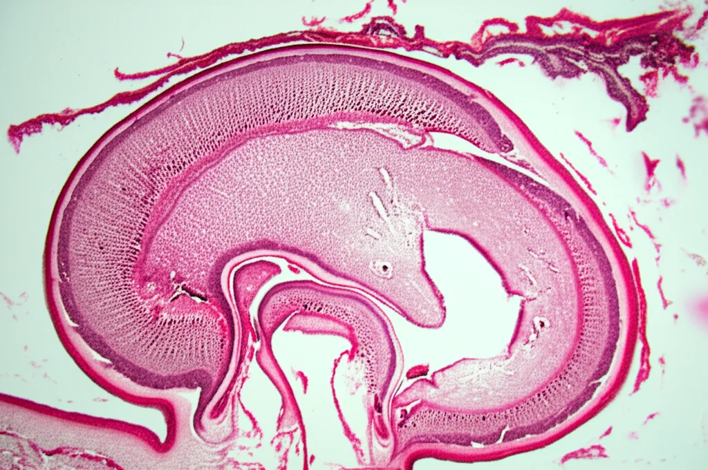 Immagine macro ad alta definizione della coclea di un topo sezionata, illuminazione controllata per evidenziare la stria vascolare e le diverse scale (media, vestibuli, tympani). Obiettivo macro 100mm, messa a fuoco precisa sulle strutture cellulari interne dell'orecchio.
