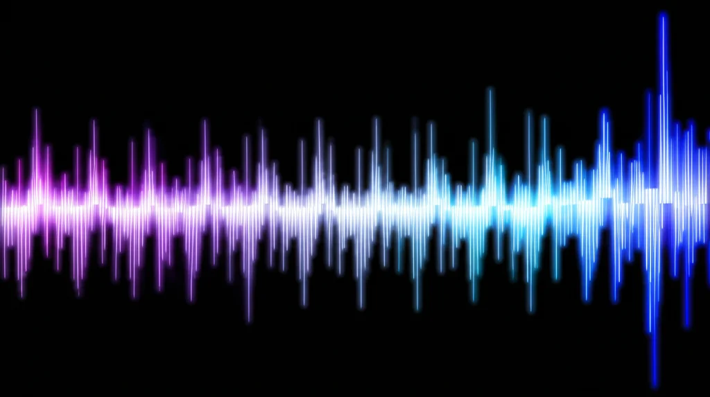 Interfaccia digitale fotorealistica che mostra un complesso spettro di massa chimerico (onda sonora complessa) mentre viene elegantemente separato in spettri peptidici individuali (onde sonore semplici) da un algoritmo AI visualizzato come linee luminose. Lente prime 35mm, profondità di campo.