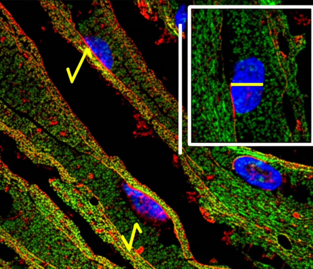 Microscopia a fluorescenza confocale della stria vascolare di un topo Em2/Em2: immagine ad alta risoluzione che mostra le cellule marginali. La proteina Slc12a2 mutata (segnale verde brillante) è chiaramente visibile sulla membrana apicale (lato rivolto verso l'endolinfa) invece che basolaterale. Contrasto elevato, dettagli cellulari nitidi.