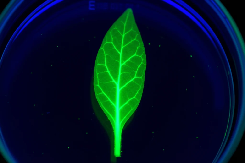 Obiettivo macro, 60mm, scatto ad alto dettaglio di una foglia di tabacco transgenica che emette una debole luce verde (espressione GFP) in una piastra di Petri sotto luce UV, messa a fuoco precisa, illuminazione controllata da laboratorio.