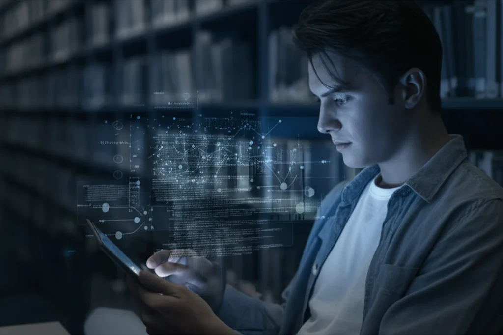 Primo piano di uno studente universitario concentrato, illuminato dalla luce bluastra di un tablet che mostra grafici astratti e linee di codice stilizzate legate all'AI. Stile fotorealistico, obiettivo 35mm prime, profondità di campo ridotta per sfocare leggermente lo sfondo della biblioteca universitaria. Duotone blu e grigio.