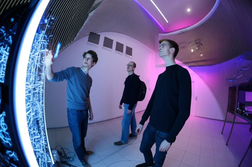 Tre studenti universitari interagiscono con un'installazione tecnologica astratta e luminosa in un ambiente moderno. Uno studente la tocca con curiosità (Profilo 1), uno la osserva con interesse ma a distanza (Profilo 2), il terzo si tiene più indietro con espressione scettica (Profilo 3). Stile fotorealistico, obiettivo 24mm wide-angle per includere l'ambiente, illuminazione d'accento sulla tecnologia.