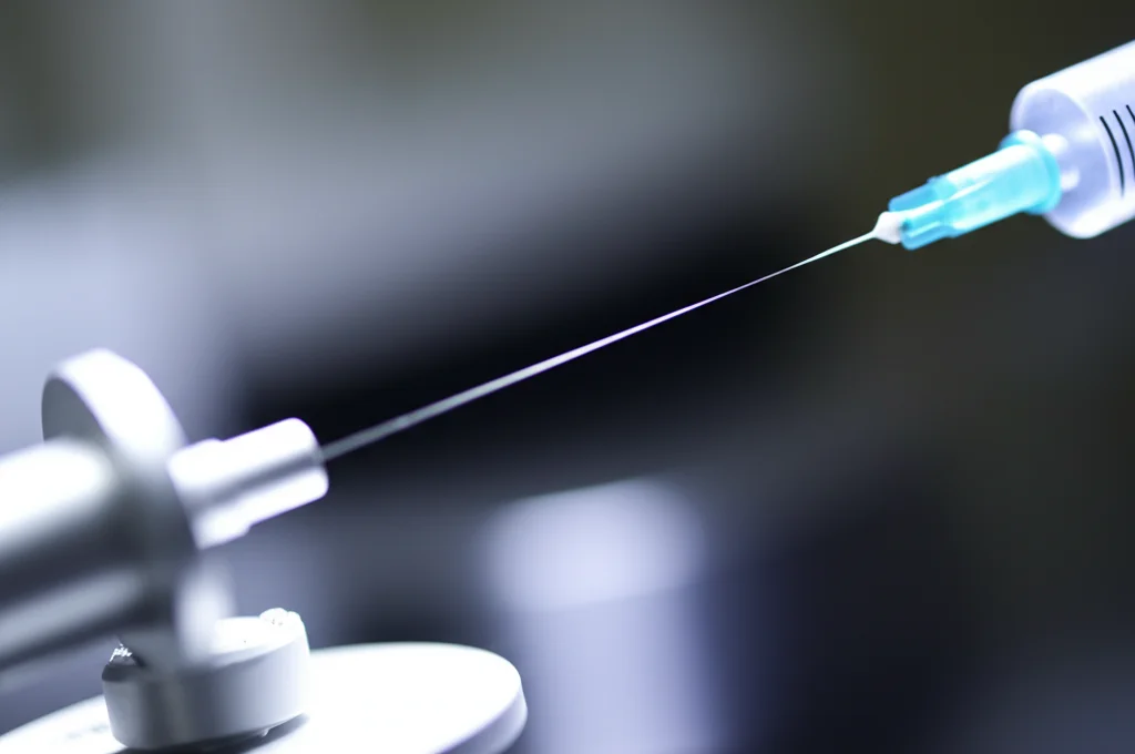 Immagine macro di un setup di elettrofilatura in laboratorio, con una siringa che espelle un sottile filo di polimero verso un collettore rotante, obiettivo macro 100mm, alta definizione, illuminazione controllata da laboratorio.