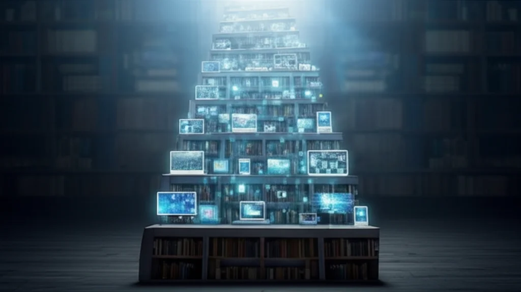 Una scala a chiocciola luminosa composta da libri tradizionali alla base che si trasformano gradualmente in schermi digitali e ologrammi salendo verso una luce brillante in cima, simboleggiando l'evoluzione dell'apprendimento continuo. Stile fotorealistico, wide-angle 15mm per enfatizzare l'ascesa, messa a fuoco nitida su tutta la struttura.