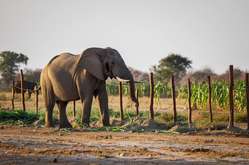 Fotografia naturalistica, teleobiettivo zoom 200mm, inseguimento del movimento, scatto veloce, che cattura un conflitto uomo-fauna selvatica: un elefante africano vicino a un recinto di un piccolo appezzamento agricolo comunitario nella Namibia settentrionale, con segni di danni alle colture, luce del tardo pomeriggio.