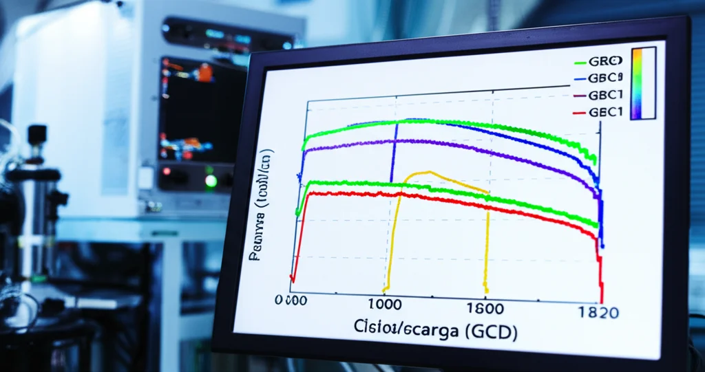 Grafico di performance di un supercondensatore su uno schermo digitale, mostrando curve di carica/scarica (GCD) e cicli di stabilità, con colori vivaci, in un ambiente di laboratorio high-tech, messa a fuoco precisa sui dati.