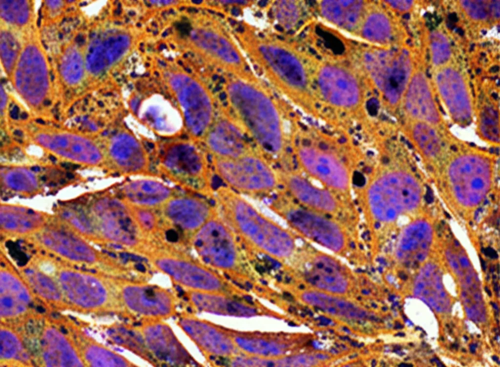 Immagine macro ad alta definizione di cellule di cancro al colon colorate per immunoistochimica, che mostrano l'espressione proteica di IL-10 e STAT3. Illuminazione controllata, obiettivo macro 100mm, alta definizione, colori vivaci per evidenziare le proteine.