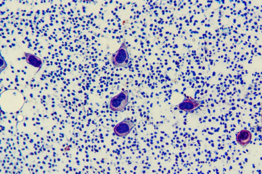 Micrografia di cellule di cancro al seno in coltura, obiettivo macro 60mm, alta risoluzione, illuminazione controllata, alcune cellule mostrano segni di apoptosi (frammentazione), altre sono in attiva divisione.