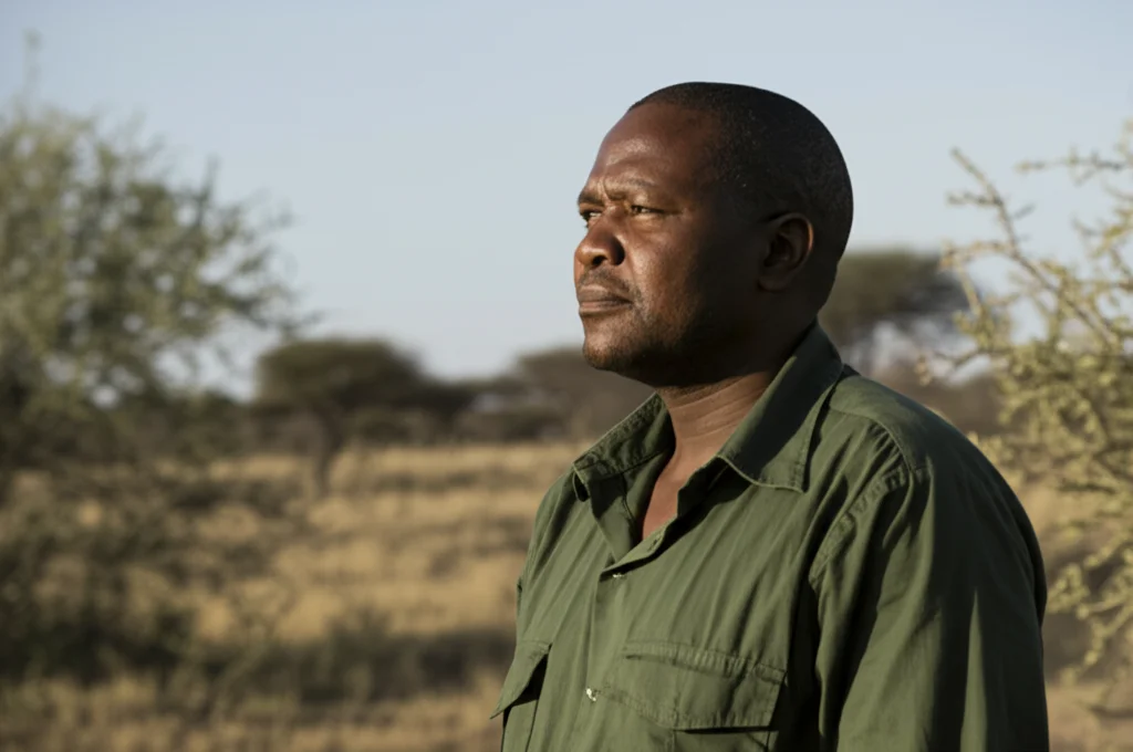 Ritratto ambientato, obiettivo 35mm, profondità di campo media, che mostra un membro di una comunità locale della Namibia settentrionale, forse un ranger di una conservancy o un agricoltore, che guarda verso l'orizzonte in un paesaggio arido con arbusti sparsi, luce calda del tramonto, espressione pensierosa ma determinata.