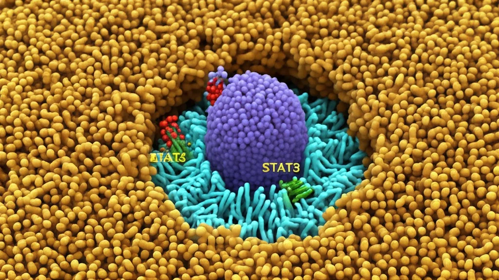 Visualizzazione 3D scientifica del recettore IL-10Rα sulla membrana di una cellula cancerosa, con la molecola STAT3 attivata all'interno. Dettagli precisi, illuminazione da laboratorio, che illustra il meccanismo di segnalazione.