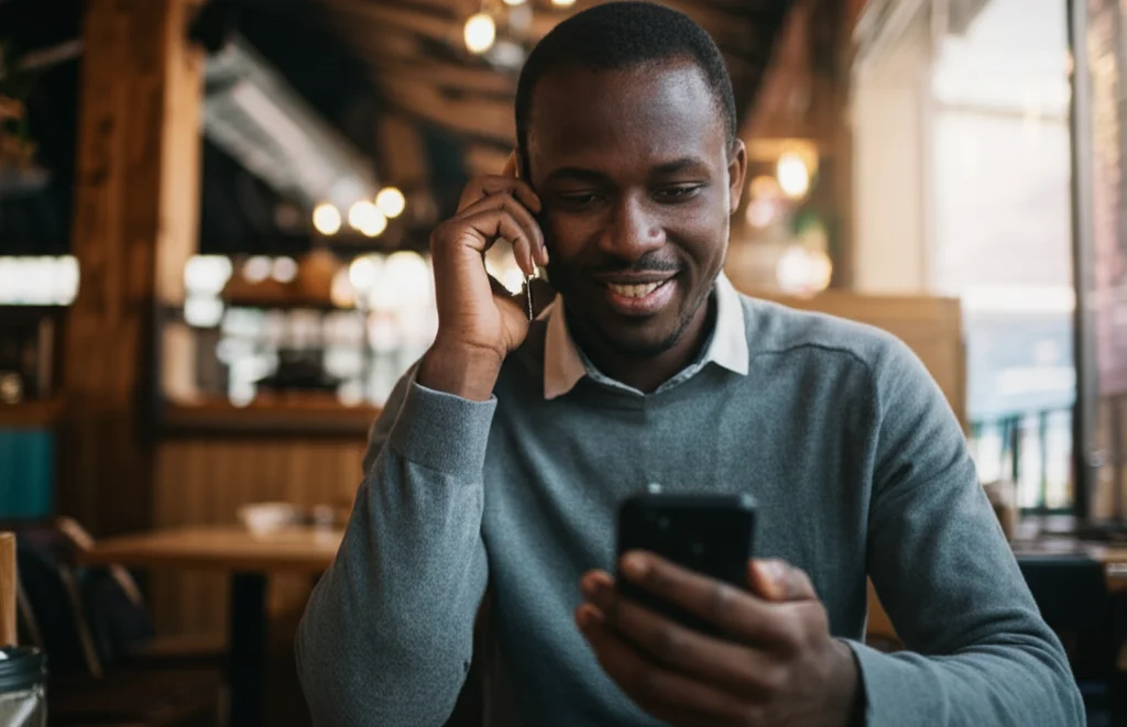 Giovane adulto keniano usa smartphone per accedere a servizi sanitari online in un contesto urbano discreto come un caffè. Ritratto 35mm, profondità di campo, luce naturale.