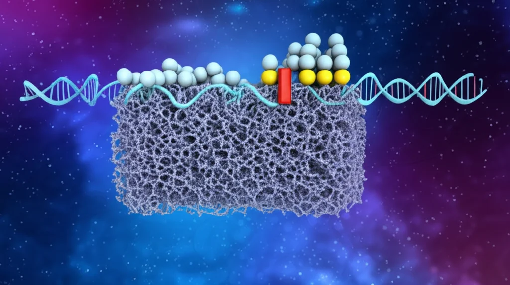 Illustrazione schematica 3D del microRNA miR-99a-5p che si lega all'mRNA del gene E2F7, impedendone la traduzione in proteina. Stile bio-illustrazione, dettagli molecolari, sfondo astratto blu e viola.