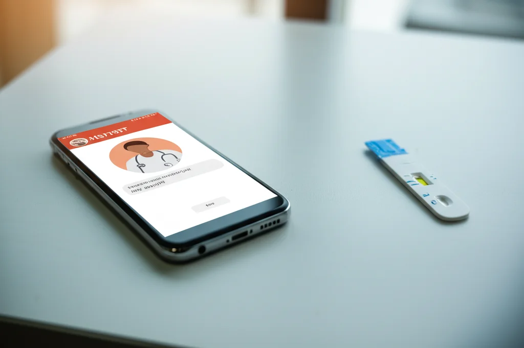 Primo piano di un kit per l'autotest HIV (HIVST) a base di sangue appoggiato su un tavolo pulito accanto a uno smartphone che mostra un'interfaccia di consultazione medica online. Macro 90mm, alta definizione, illuminazione controllata.