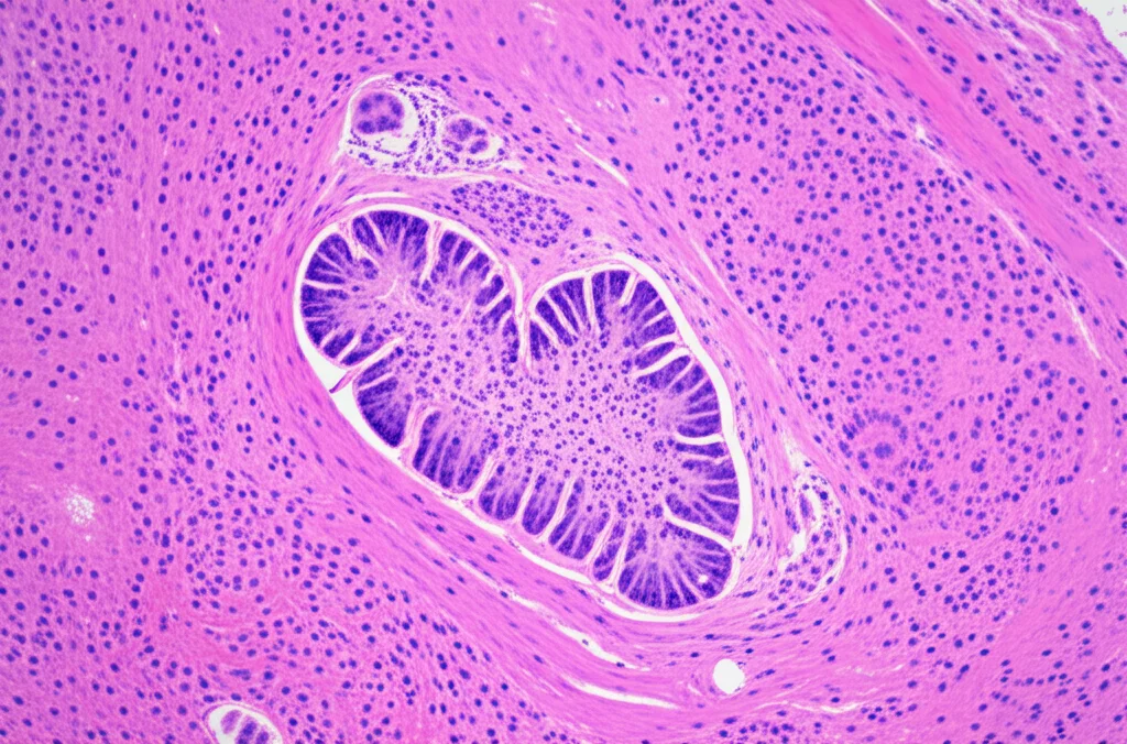 Immagine macro ad alta definizione di un tumore neuroendocrino rettale su un campione istologico, illuminazione controllata per evidenziare la struttura sottomucosa, obiettivo macro 90mm.