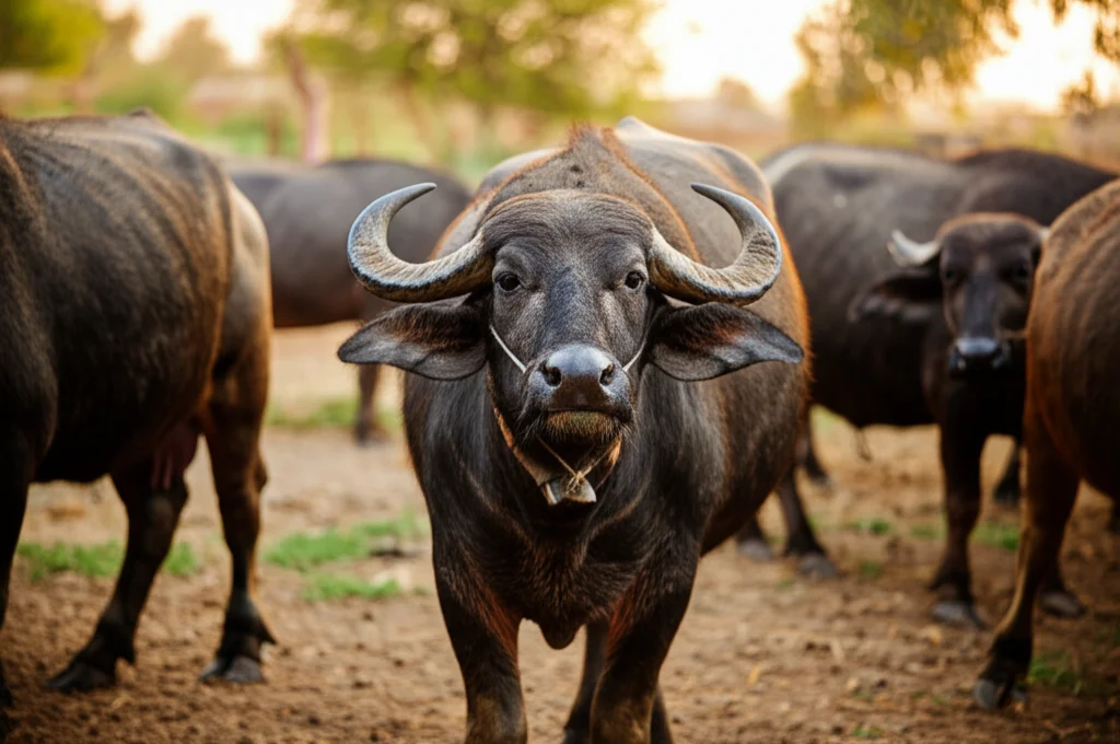 Fotografia realistica di bufale egiziane (Bubalus bubalis) in un allevamento all'aperto in Egitto, alcune più magre, altre più robuste, sotto il sole estivo. Obiettivo zoom 70-200mm, luce naturale calda, profondità di campo media per mostrare sia gli animali che l'ambiente.