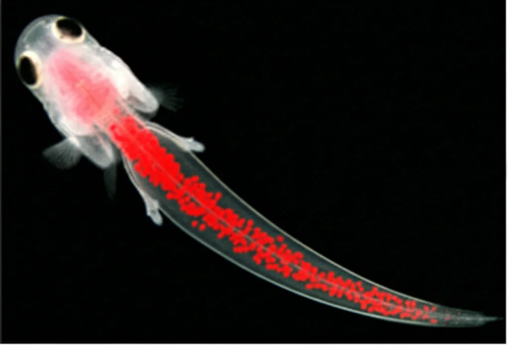 Immagine scientifica da microscopia a fluorescenza di una larva di zebrafish. Cellule tumorali umane (es. MDA-MB-231 marcate con mCherry rosso) sono visibili chiaramente localizzate nello spazio perivitellino (PVS). Messa a fuoco nitida sulle cellule contro il corpo traslucido della larva, sfondo scuro, alta definizione, obiettivo 10x.