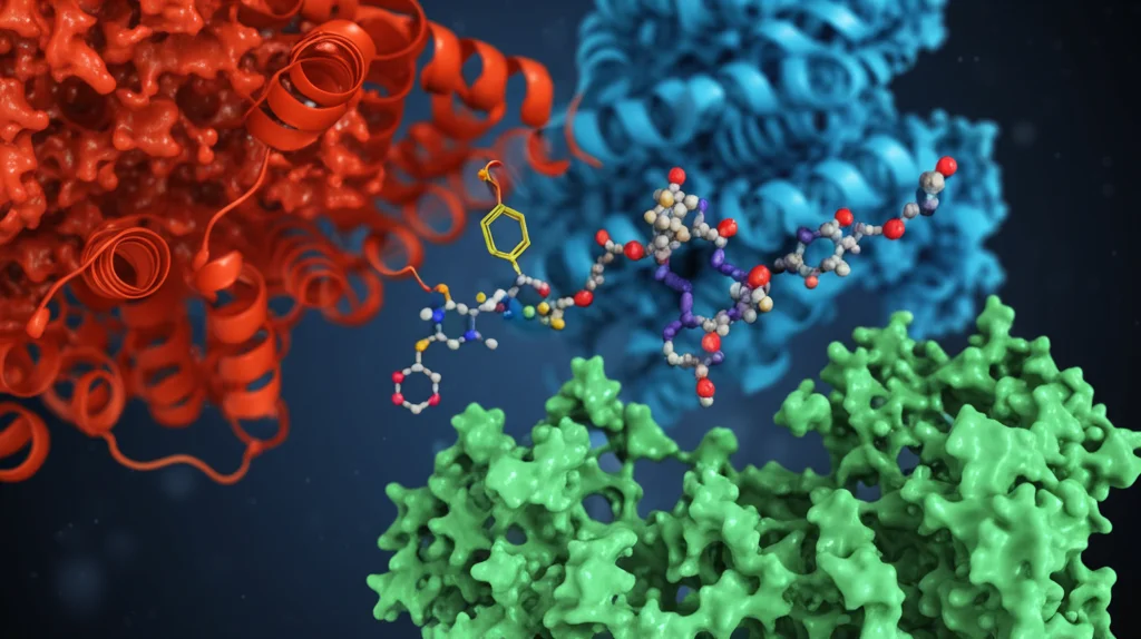 Visualizzazione fotorealistica del complesso proteico PRPS2-MAT2A, con molecole di SAM (S-adenosilmetionina) che vengono prodotte nelle vicinanze. Stile bio-illustrativo dettagliato, lente macro 85mm, focus selettivo sul sito di interazione.