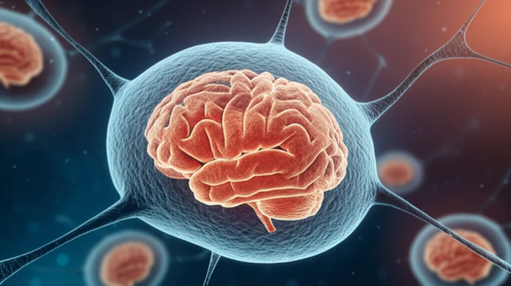 Immagine macro di una rete neurale stilizzata o una visualizzazione astratta di molecole di RNA all'interno di una cellula cerebrale, illuminazione controllata, dettagli elevati, lente macro 90mm.