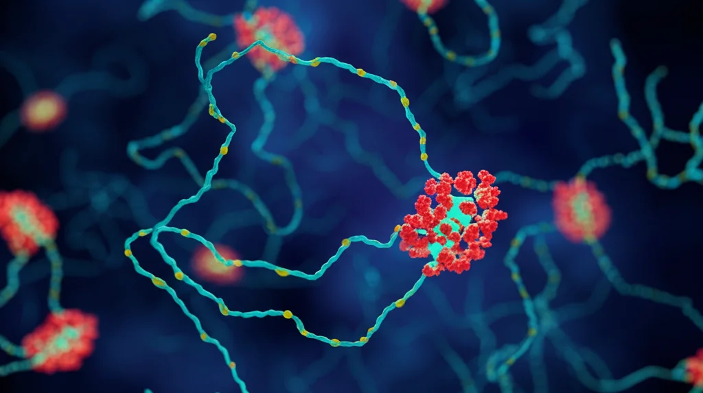 Immagine macro fotorealistica, 85mm, di filamenti di DNA astratti in un ambiente di laboratorio scuro, con punti luminosi che rappresentano la proteina PRMT5 interagente con essi, illuminazione controllata per massimo dettaglio, focus preciso sull'interazione molecolare.