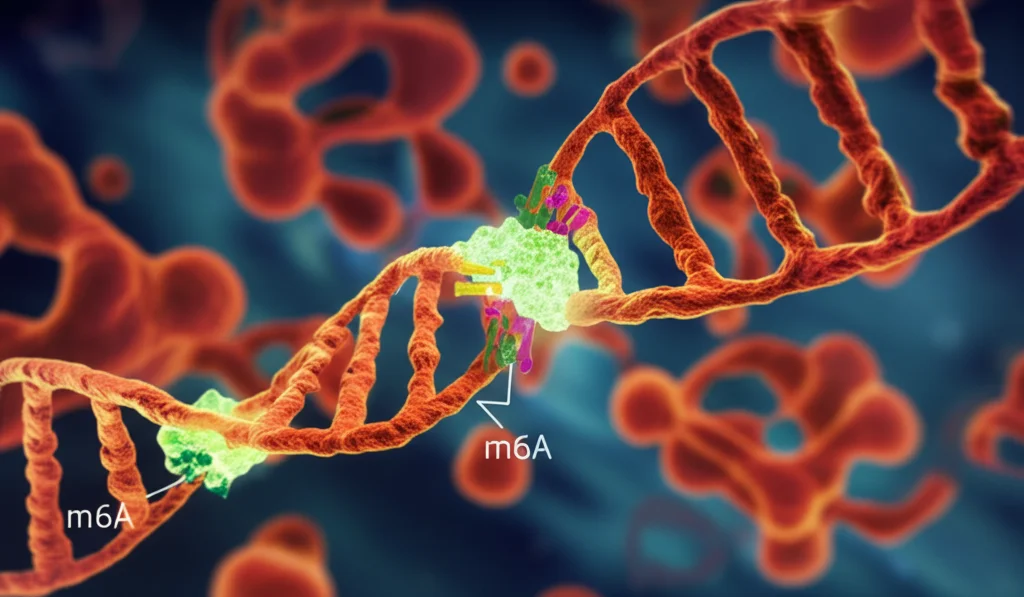 Rappresentazione fotorealistica di un filamento di RNA con marcature m6A (N6-metiladenosina) evidenziate, all'interno del nucleo cellulare. Sfondo sfocato di cromatina. Lente macro 105mm, profondità di campo ridotta, illuminazione fluorescente simulata.