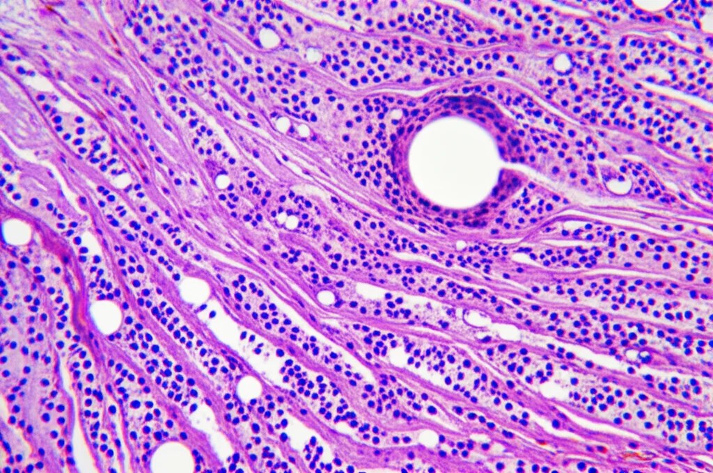 Vista macro fotorealistica al microscopio, 100mm, di cellule di cancro al colon. Alcune cellule mostrano segni di danno (simbolo della chemio), mentre altre appaiono intatte e resilienti (simbolo della chemioresistenza mediata da alta PRMT5). Illuminazione da laboratorio controllata, alta definizione.