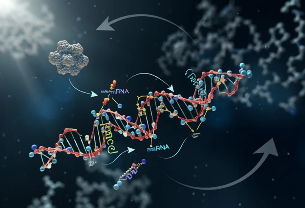 Visualizzazione grafica 3D astratta di molecole interagenti (lncRNA, miRNA, proteina) con frecce che indicano la regolazione, sfondo scuro con illuminazione drammatica, dettagli elevati.