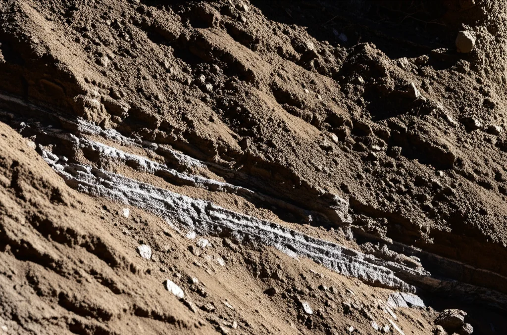Fotografia macro di diverse texture del suolo himalayano e strati rocciosi esposti, illuminazione controllata per evidenziare i dettagli, lente macro 100mm, alta definizione, che illustra i fattori geologici che contribuiscono alle frane.